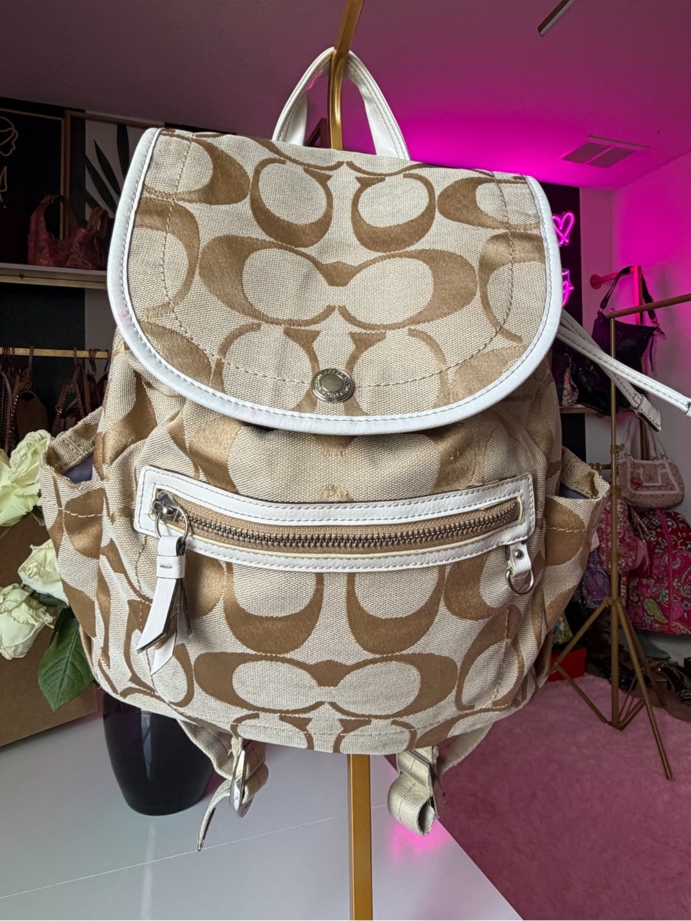 Coach Kyra Signature Backpack F16556 Khaki White Y2K Revival Vintage Authentic